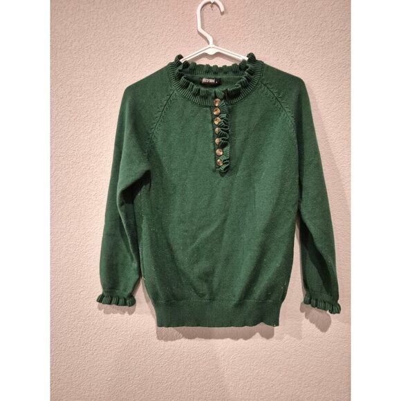 BTFBM Women's Ruffle Neck Button Front Sweater Long Sleeve Green - Picture 1 of 8